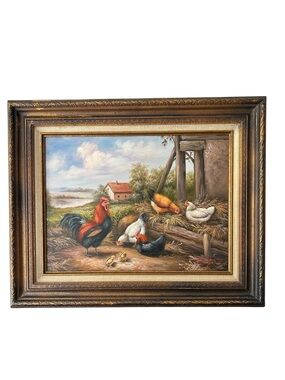 Leon Guston Original Framed Multicolor Oil Painting Rustic Rooster Hens Farm